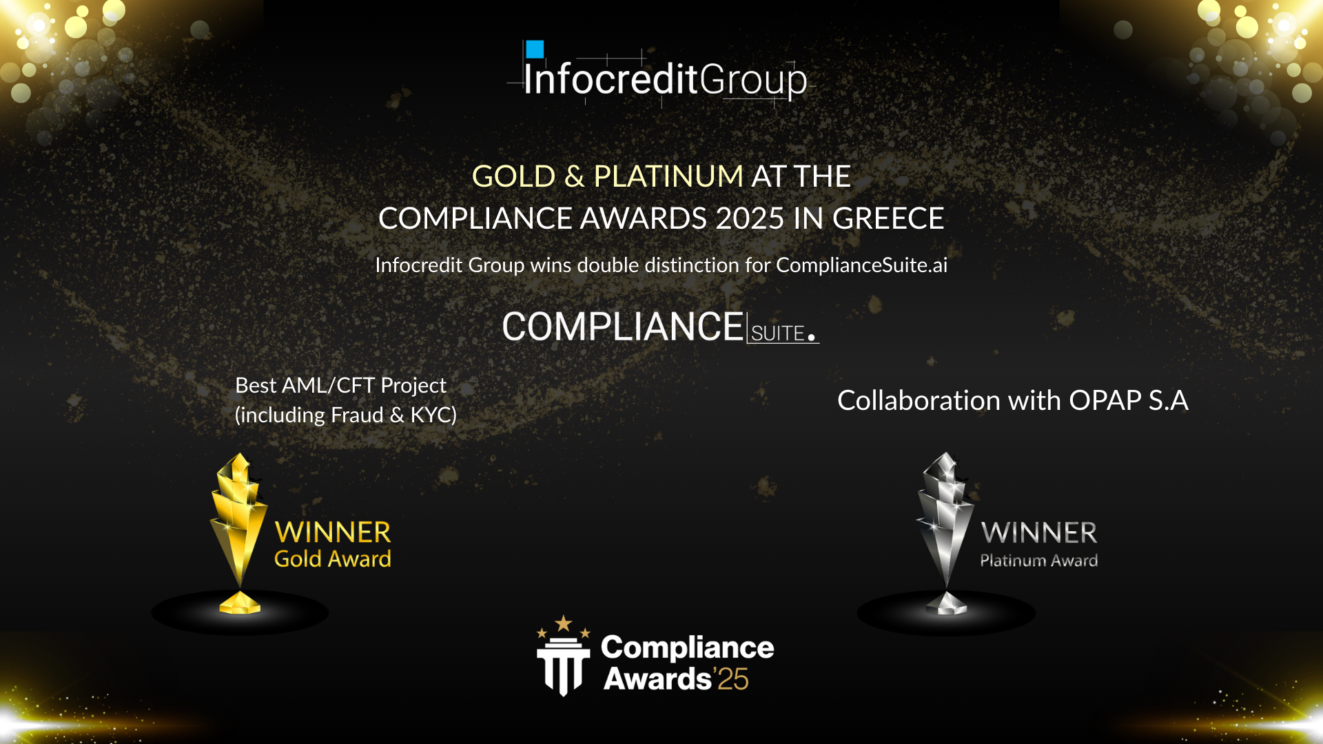 ComplianceSuite.ai by Infocredit Group wins Gold and Platinum at the Compliance Awards 2025 in Greece for the OPAP AML/CFT project