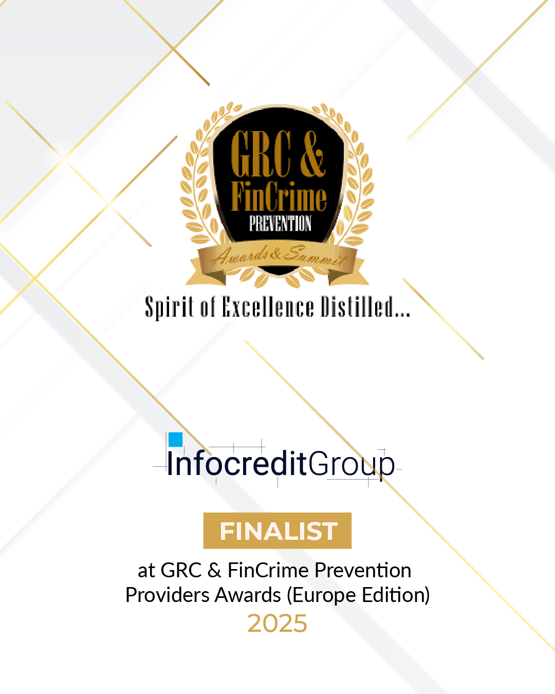 Infocredit Group finalist badge at the 2025 GRC and FinCrime Prevention Providers Awards Europe Edition