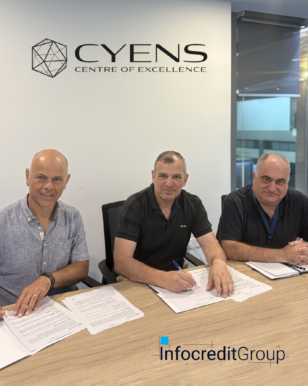 Representatives from CYENS Centre of Excellence and Infocredit Group Ltd sign a Memorandum of Understanding for strategic collaboration in AI and tech innovation